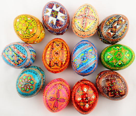 Easter Painted Eggs - Wooden Ukrainian Pysanky, Set of 12
