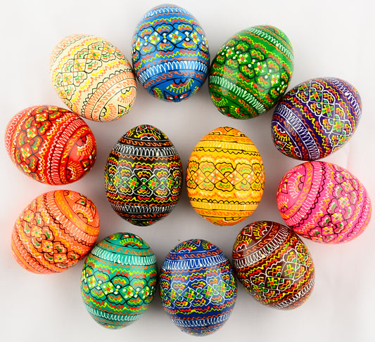 Easter Painted Eggs - Wooden Ukrainian Pysanky, Set of 12